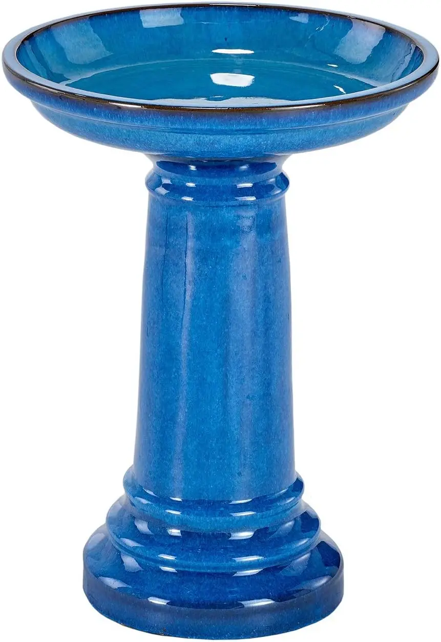 Smart Garden Bird Bath - Glossy Blue Outdoor Ceramic Birdbath With