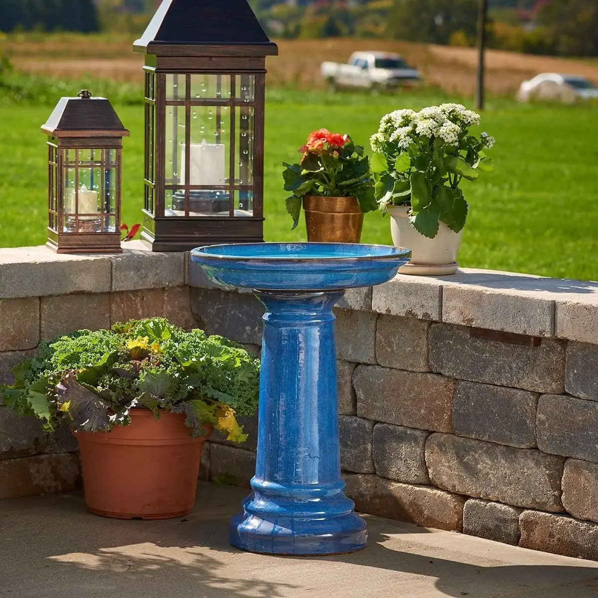 Glossy Blue Outdoor Ceramic Bi - đánh giá và giá Smart Garden Bird Bath
